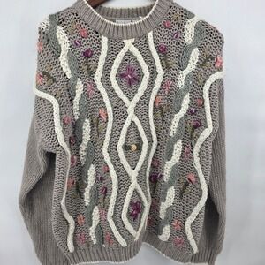 By Design Vintage Floral Embroidered Cable Knit Sweater Gray Pink Large  Grandma